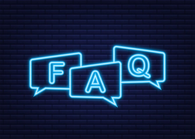 Banner de preguntas frecuentes sobre preguntas frecuentes. Icono de neón. Ilustración de stock vectorial.