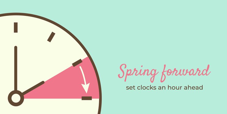 Banner Primavera hacia adelante en estilo minimalista Mano de la cara girando hacia la hora de verano Texto de recordatorio Establezca relojes una hora adelante en marzo a la época de verano