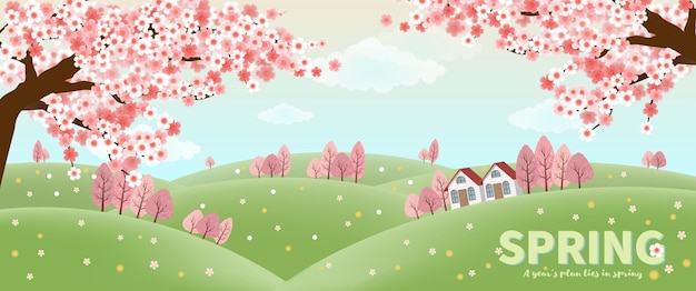 Banner de primavera con árbol de sakura y casa en la ladera