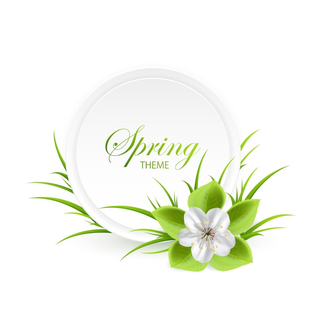 Banner de primavera con flores y hierba aislado sobre fondo blanco, ilustración.