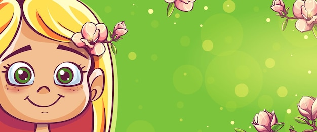 Vector banner de primavera de una niña con una sonrisa en un fondo verde