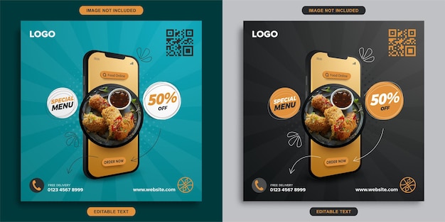 Vector banner de promoción de comida en línea con móvil para plantilla de banner de publicación de redes sociales