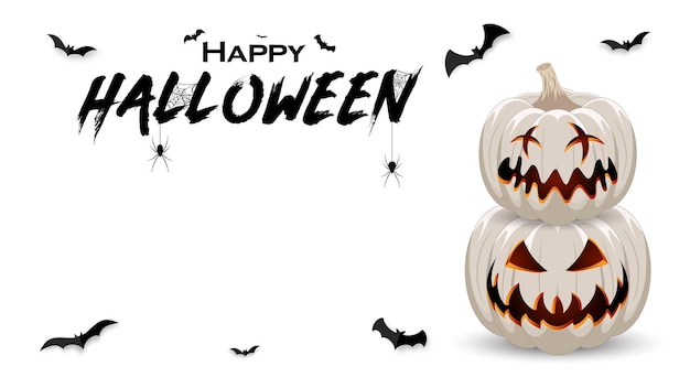 Vector banner de promoción de halloween con murciélagos de calabaza blancos y araña