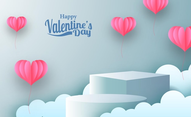 Banner de promoción de marketing de tarjetas de felicitación del día de san valentín con exhibición de productos de podio de escenario vacío con estilo de corte de papel de ilustración de hogar rosa y fondo azul pastel