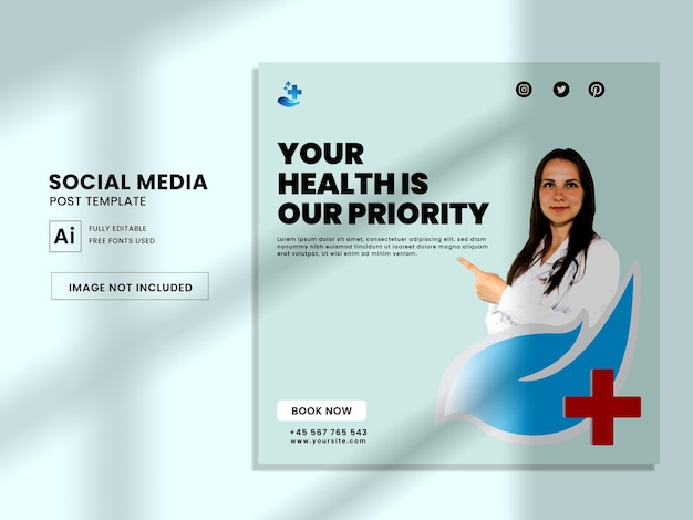 Banner de promoción y publicación de redes sociales de atención médica Vector Premium