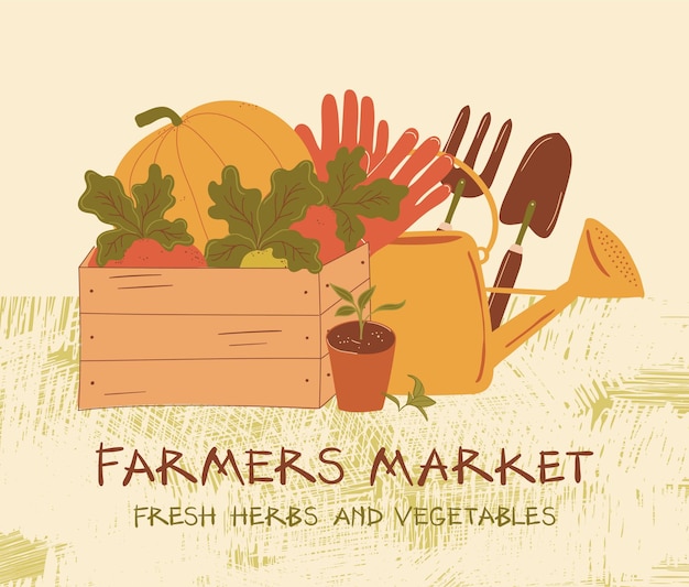 Banner de promoción vectorial del mercado de agricultores con herramientas
