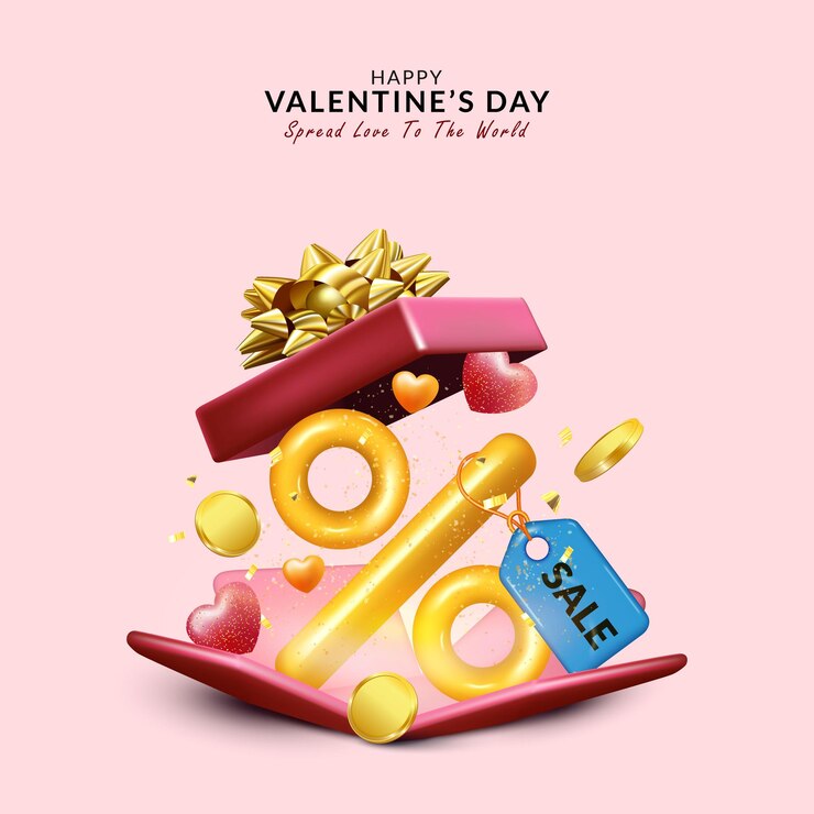 Banner de promoción de venta de san valentín con caja de regalo realista, moneda y forma de corazón