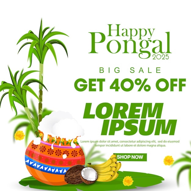 Banner de promoción de ventas de Happy Pongal 2025 con diseño festivo Ilustración vectorial