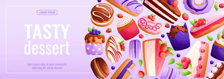 Vector banner promocional para una confitería de postres e ilustración vectorial de una tienda de cocina para carteles