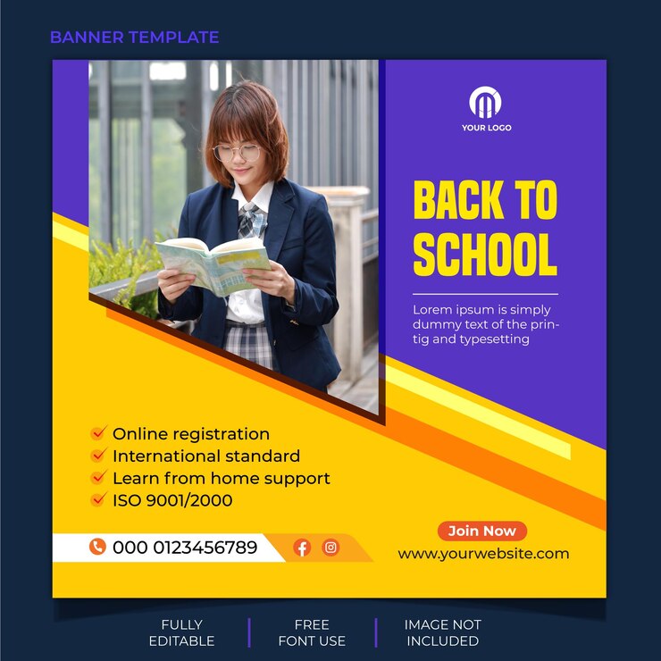 Banner promocional de Instagram de admisión escolar o plantilla de publicación en redes sociales