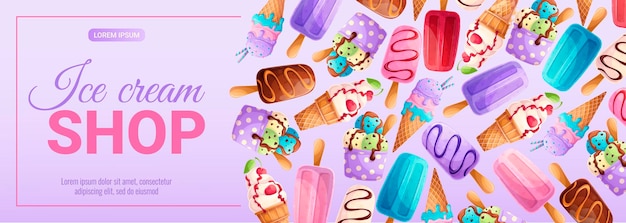 Banner promocional para una tienda de helados diferentes tipos de ilustración vectorial de helados para carteles