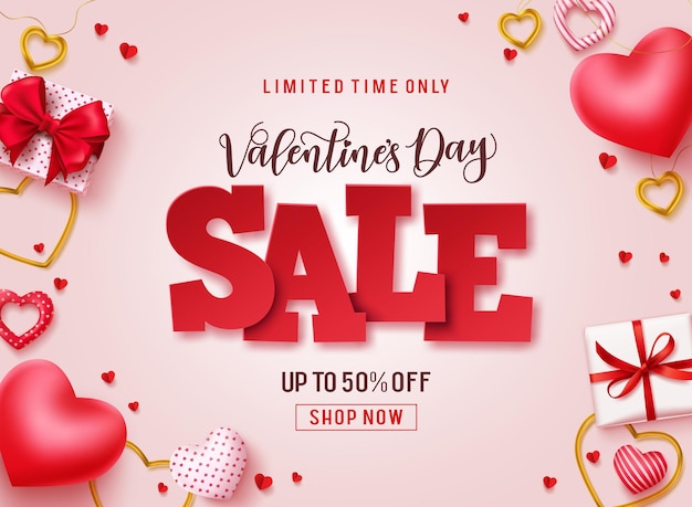 Banner promocional de vector de venta de día de san valentín Texto de venta con regalos de corazones y elementos de joyería