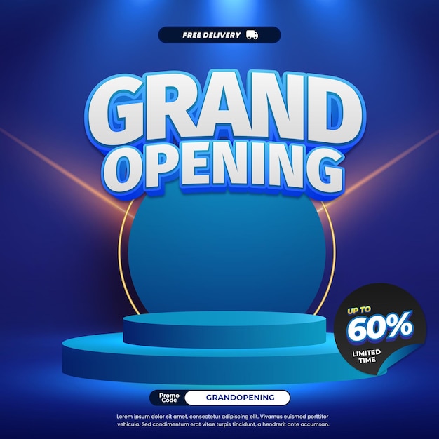 Banner promocional de venta de apertura con compras en línea con tipografía 3D futurista azul audaz