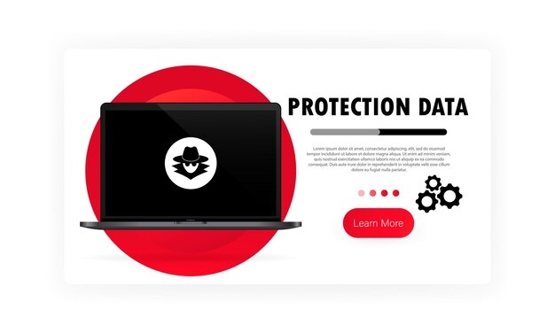 Banner de protección de datos. Trabajo seguro en la computadora portátil. Sistema de seguridad. Protección de la privacidad. Vector sobre fondo blanco aislado. EPS 10.
