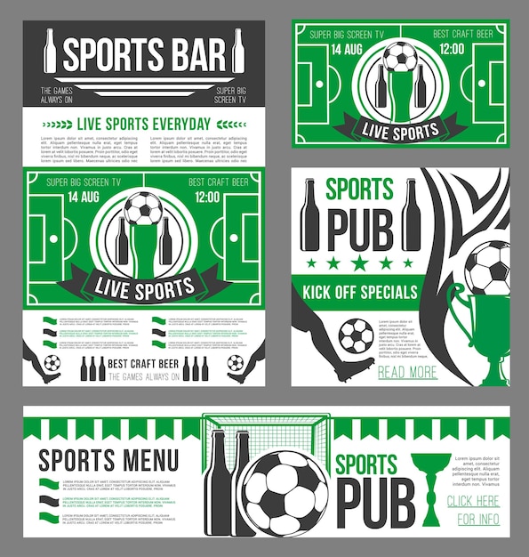 Banner de pub deportivo de fútbol de balón de fútbol y cerveza