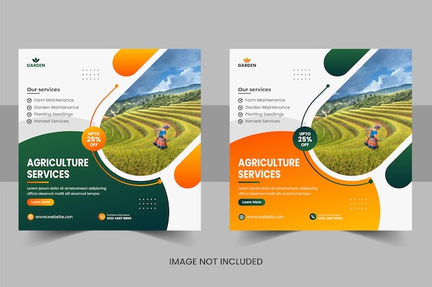 Banner de publicación de redes sociales del servicio de agricultura agrícola o banner de paisajismo de jardinería de cortacésped