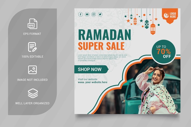 Vector banner de publicación de redes sociales de venta de ramadán