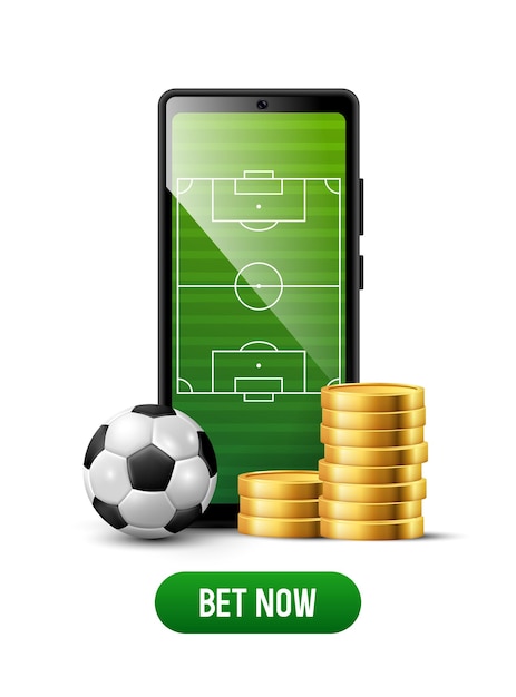 Banner publicitario de apuestas deportivas Monedas de oro de teléfonos inteligentes y una ilustración vectorial 3D de fútbol