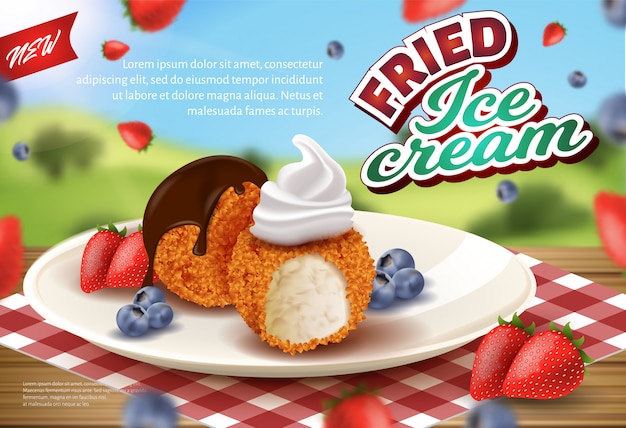 Banner publicitario deep fried ice cream in crisp