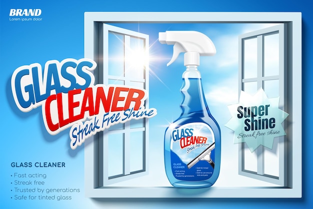 Banner publicitario de limpiador de vidrio en ilustración 3D Envase de botella de spray en el alféizar de la ventana sobre fondo azul