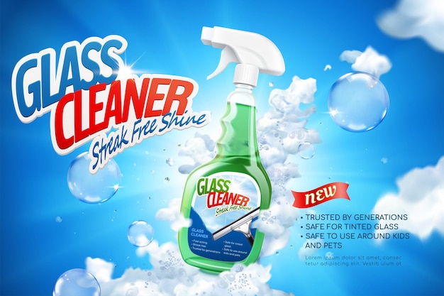 Banner publicitario de limpiador de vidrio en ilustración 3D Paquete de botella de spray en espuma y burbujas contra un fondo de cielo azul