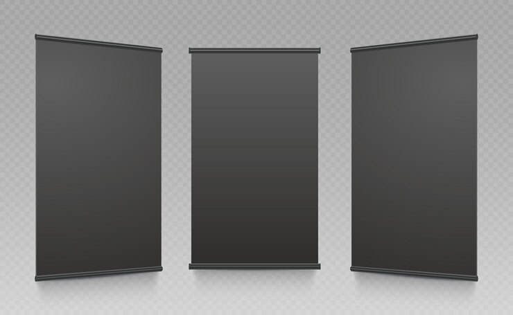 Vector banner publicitario negro cartel vertical o maqueta de presentación aquí puede ser su publicidad