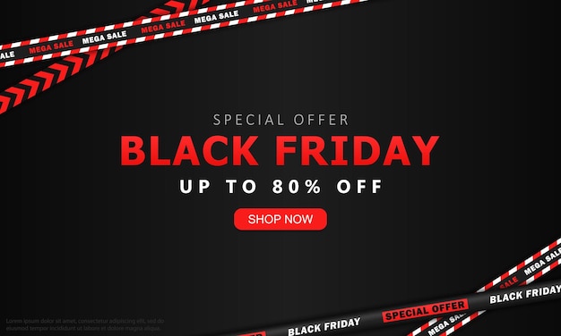 Banner publicitario de pantalla ancha negro con cintas cruzadas publicidad de venta y botón de compra ahora para el Black Friday