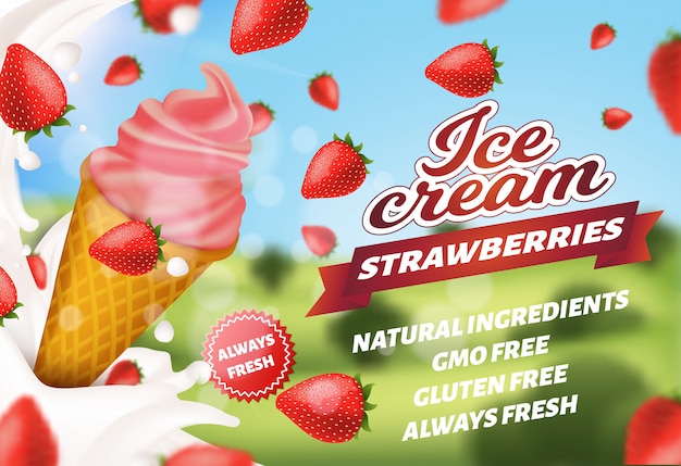 Banner publicitario que ofrece helado de fresa
