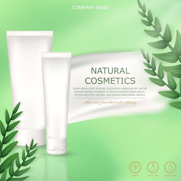 Banner publicitario con tubo de crema orgánica Cartel verde con hojas crema frotis producto natural para el cuidado de la piel