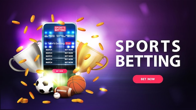 Banner púrpura de apuestas deportivas con copas de campeón de teléfonos inteligentes que caen monedas de oro bolas deportivas y botón