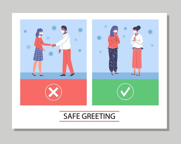 Banner que muestra formas de saludar durante la ilustración de vector plano de pandemia viral