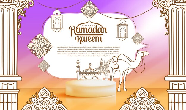 Banner de Ramadán Kareem dibujado a mano realista con podio 3D