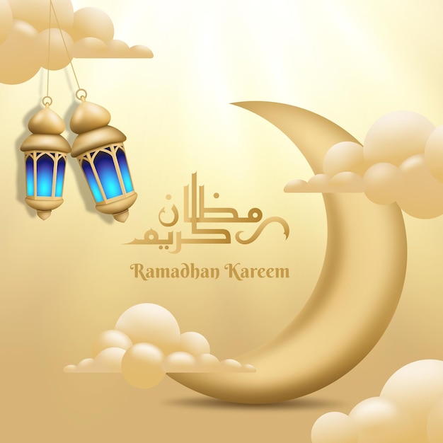 Banner de ramadán kareem con elementos de ilustración de vector islámico de color dorado 3d luna y linternas