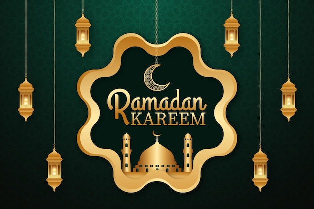 Banner de ramadan kareem con fondo degradado y elementos dorados árabes