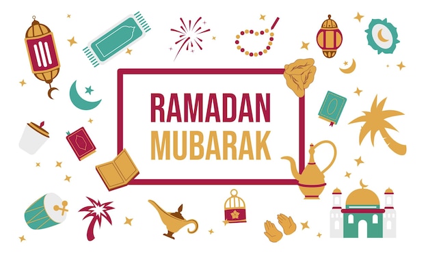 Banner de Ramadán Kareem con iconos de pegatinas planas Conjunto Ilustración vectorial Concepto islámico Adecuado para carteles, pancartas, tarjetas de invitación, notas, portadas de libros, presentaciones, etc.