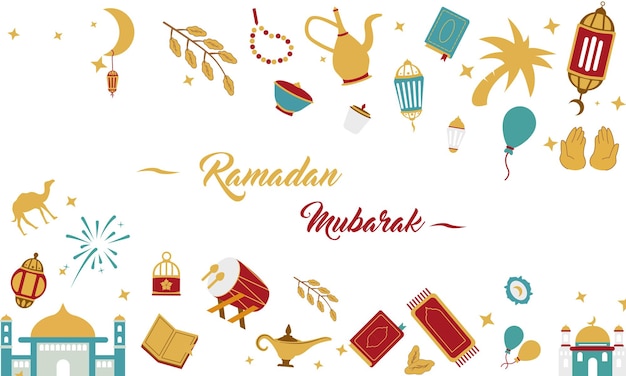 Banner de Ramadán Kareem con iconos de pegatinas planas Conjunto Ilustración vectorial Concepto islámico Adecuado para carteles, pancartas, tarjetas de invitación, notas, portadas de libros, presentaciones, etc.