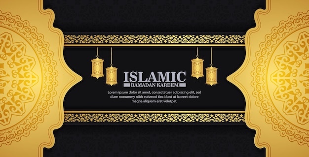 Banner de ramadan kareem de lujo en estilo negro y dorado