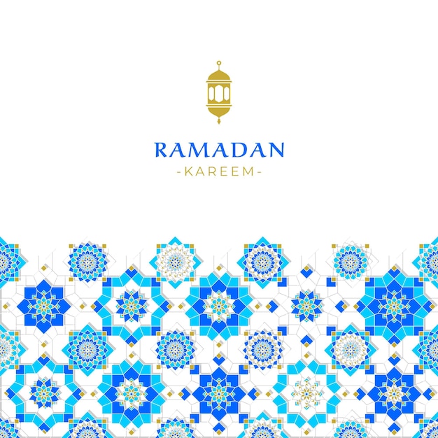 Banner de ramadan kareem con un patrón de azulejos azules y dorados.