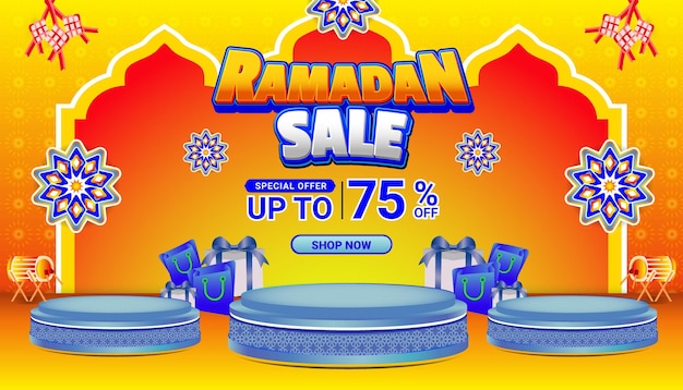 Banner Ramadan mubarak venta naranja azul texto 3D editable fondo de las redes sociales 6