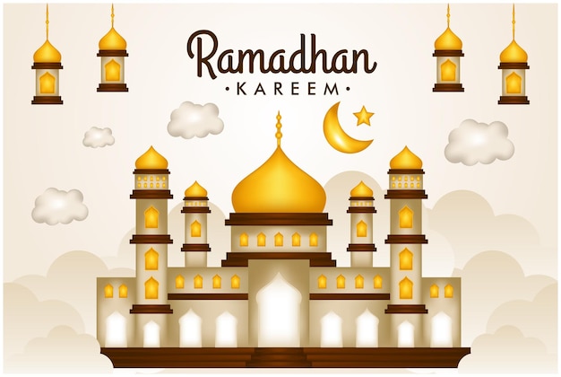 Banner de ramadhan kareem con plantilla de diseño de fondo de luna y estrella de mezquita