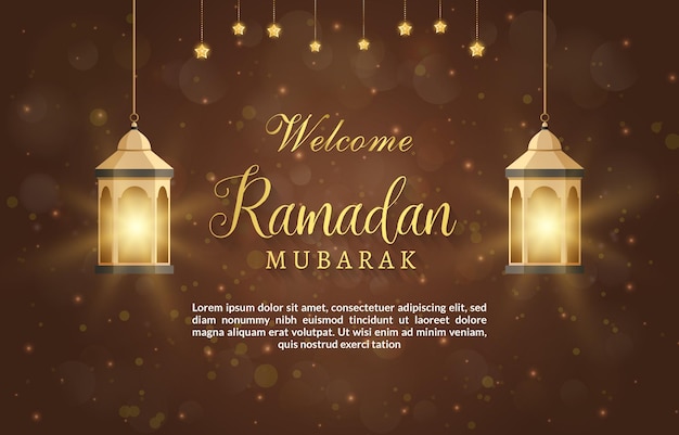 Banner de ramadhan mubarak con adorno islámico de linterna brillante y diseño de fondo marrón y dorado degradado abstracto