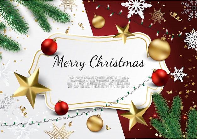 Banner con ramas de árboles de navidad, estrellas doradas, bolas de navidad y espacio para texto,