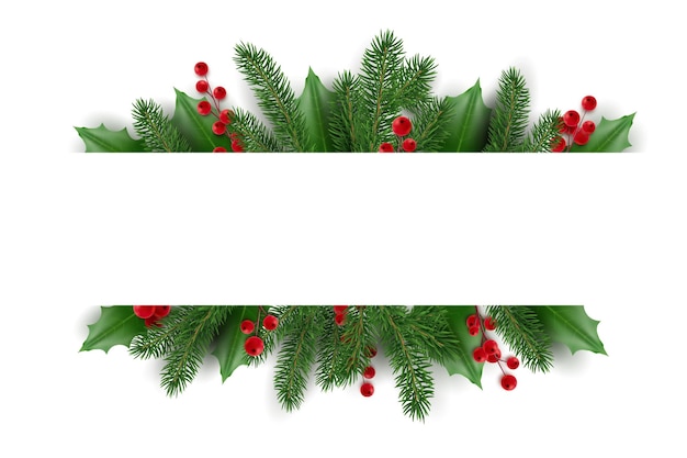 Banner con ramas de árboles de navidad guirnalda de navidad con bayas de acebo árbol de aspecto realista