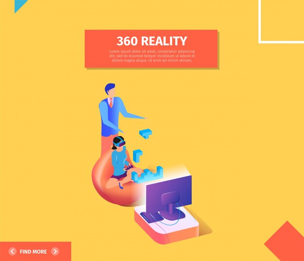Banner de realidad 360. Mujer en gafas de realidad virtual jugando