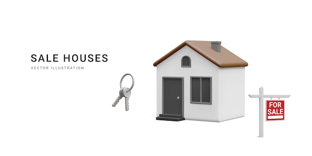 Banner realista 3d con manojo de llaves y letrero de calle aislado en fondo blanco concepto de casa de venta de agencia inmobiliaria icono de casa en estilo minimalista de dibujos animados ilustración vectorial