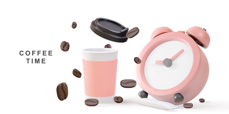 Vector banner realista 3d con reloj realista papel taza de café palo azúcar y granos de café