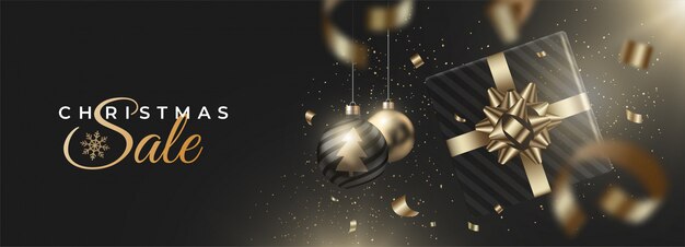 banner realista con bolas de navidad y regalos