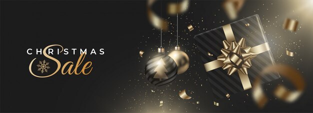 Vector banner realista con bolas de navidad y regalos