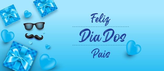 Banner realista feliz dia dos pais con decoración y regalos sobre fondo azul