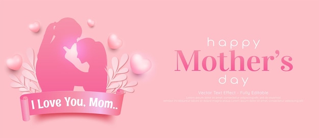 Banner realista feliz día de las madres con corazones 3d